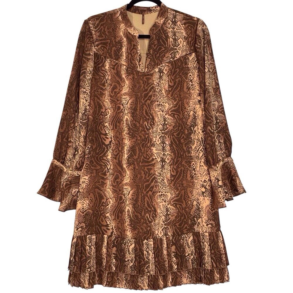 Scotch & Soda Pleated Tiered Hem Mini Dress Medium Snake Print Brown NWT